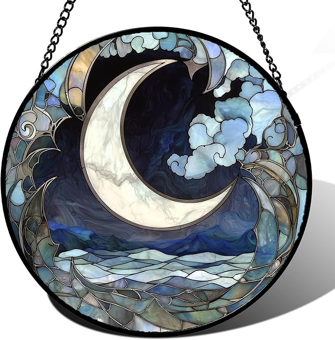 JOSUMALY Stained Glass Window Hanging - Abstract Sea of Clouds Moon Sun Catcher for Door Terrace Garden Home Decor, Gray Blue Suncatcher Birthday Gifts for Lovers Women Men Dad Mom Nana 11.8 in