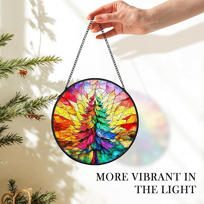 cvjutf Christmas Tree Suncatcher Stained Glass Window Hanging Decor, Colorful Xmas Tree Stained Glass Wall Decor, Christmas Garden Sun Catchers Indoor Window Hanging Wall Art Lawn, 7.9x7.9 Inch