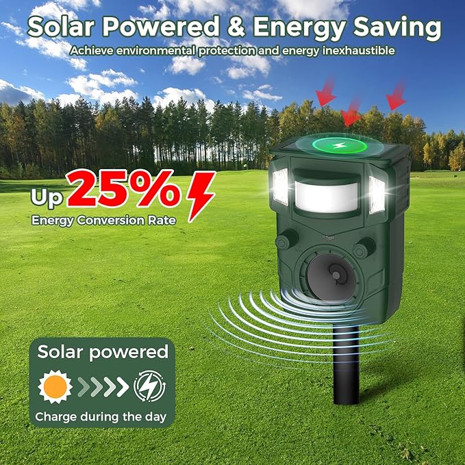 Solar Ultrasonic Animal Repellent, Multi-Modes Deer Repellent Devices,Cat Deterrent Outdoor, Squirrel Raccoon Dog Deterrent with Motion Sensor & Ultrasonic Waves for Garden Yard