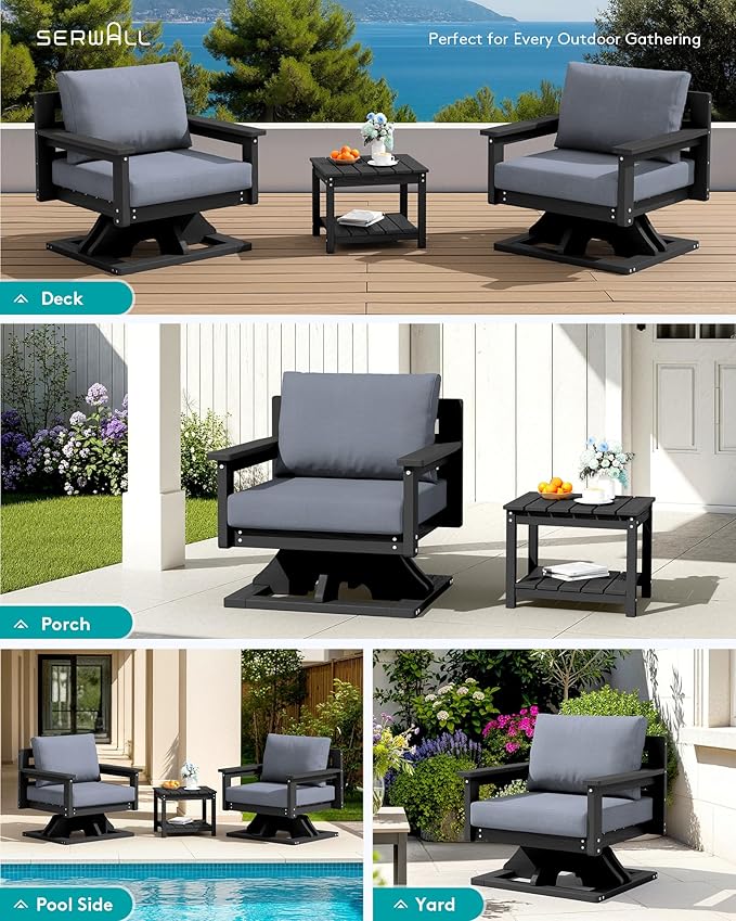 SERWALL Outdoor Swivel Chairs, HDPE All-Weather Patio Swivel Sofas with Thick Cushions for Porch, Balcony, Black Frame with Gray Cushions
