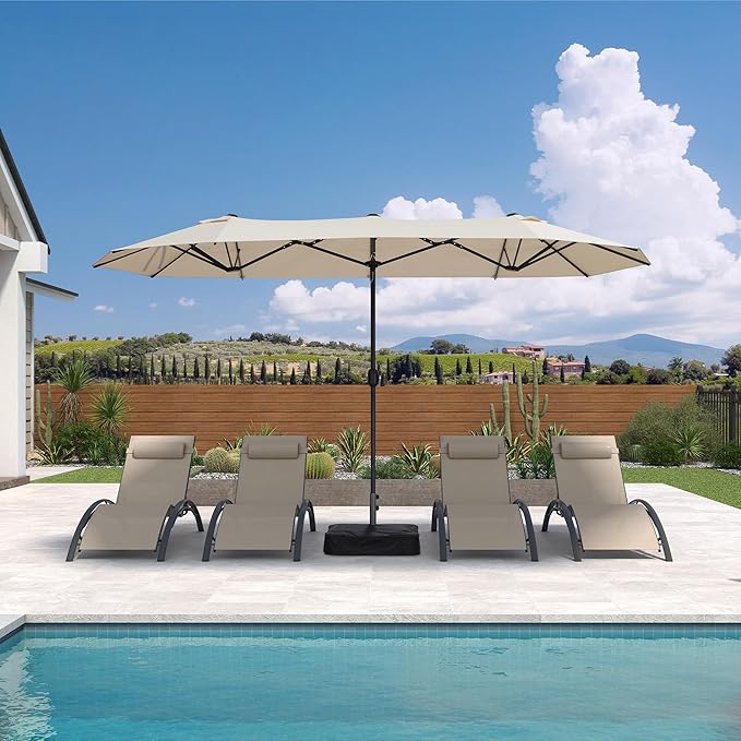 PURPLE LEAF 13ft Patio Market Umbrella with Base Double-Sided Rectangle Outdoor Table Sun Umbrellas with Crank 12 Heavy Duty Sturdy Ribs for Pool Beach Deck Backyard Khaki