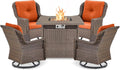 Outdoor Patio Swivel Gliders with Fire Pit Table 5 Piece Set - High Back Brown Wicker Rattan Rocking Chair with Thick Cushion for Porch Apartment Deck Yard Poolside Garden - Orange