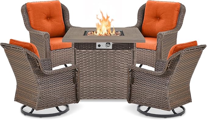 Outdoor Patio Swivel Gliders with Fire Pit Table 5 Piece Set - High Back Brown Wicker Rattan Rocking Chair with Thick Cushion for Porch Apartment Deck Yard Poolside Garden - Orange