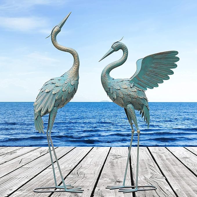 Oritty 33-37 Inch Metal Crane Garden Statue Décor, Bird Garden Sculpture & Statues, Outdoor Decoration for Yard Patio Lawn Backyard Pool, Vintage Spread Wings Crane, Set of 2