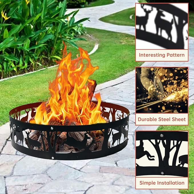 Fire Pit Ring Outdoor Steel: Heavy Duty Round Firepit Ring with Patterned Cutouts for Backyard Camping & Beach Bonfires 36Inch
