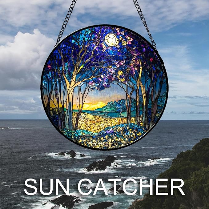 QZQCBLC Stained Glass Window Hanging Blue Purple Forest Trees Landscape Moon 9.8" - Suncatcher Door Garden Sun Catcher Home Decor Birthday Christmas for Mom Men Woman Nana