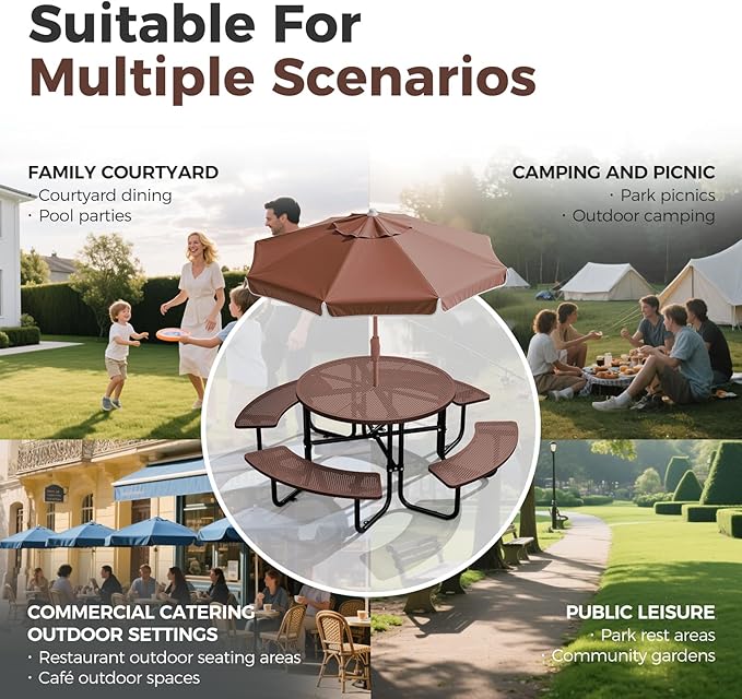 Rueekfil 46" Coated Picnic Table with Umbrella Hole, Heavy Duty Commercial Picnic Table for Outdoors, Family & Party Ready for School Camping, Round, Brown