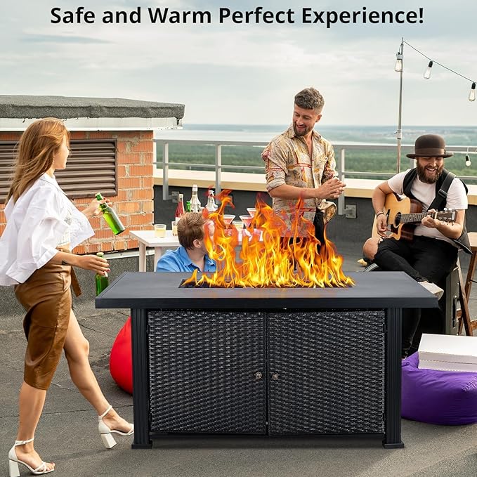 52" Propane Fire Pit Table, 2-in-1 50,000 BTU Rectangular Outdoor Gas Firepit with Glass Guard, Tabletop Lid, Storage Space & Covers, Patio Heater for Backyard, Deck & Garden