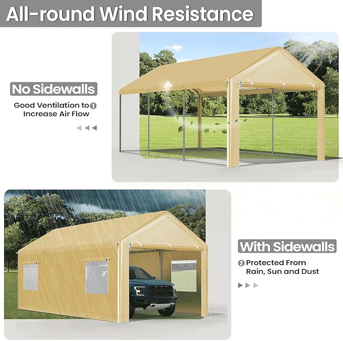 Carport 10x20 Ft, Heavy Duty Car Canopy with Reinforced Ground Bar, Portable Garage with Roll-up Windows and Removable Sidewalls, Galvanized Car Shelter, Large Outdoor Carports (Beige)