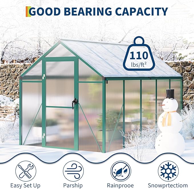 6 x 10 ft Greenhouse, Greenhouses for Outside, Polycarbonate Greenhouse with Aluminum Frame, Lockable Door and Ajustable Roof Vent for Backyard, Green Houses for Outside Garden Backyard, Patio
