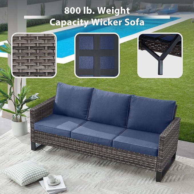 5 Piece Wicker Patio Furniture Set - Outdoor Swivel Rocker Chairs Set with 3 Seat Sofa and Ottomans, Small Patio Conversation Sets Proch Furniture for Balcony Deck - Grey/Blue