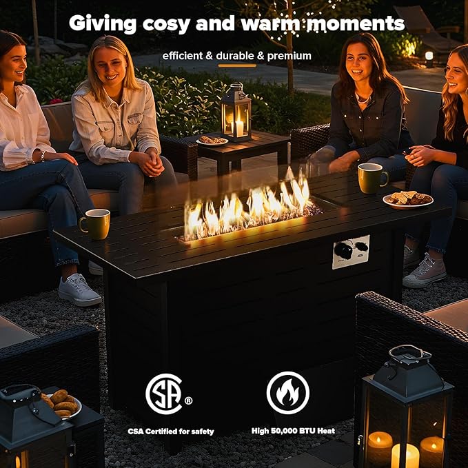 Xbeauty Propane Fire Pit Table, 42" Outdoors Gas Fire Pit Table, 50,000 BTU Auto-Ignition Fire Tables with Lid, Outside Garden Backyard Deck Patio (Square)