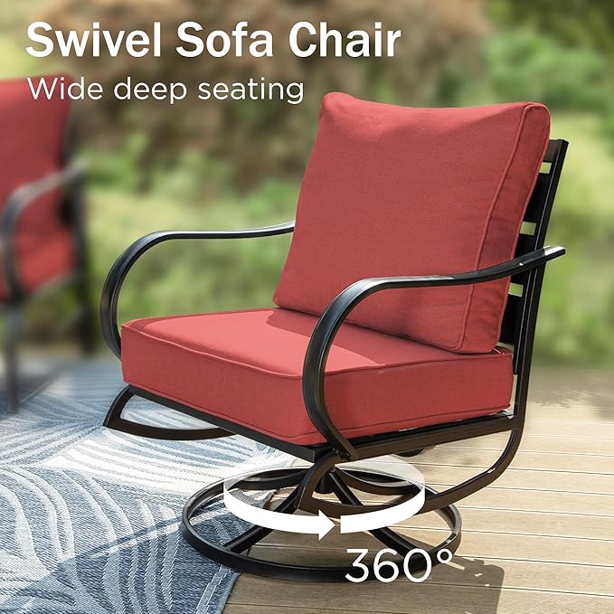 PHI VILLA 6 PCS Patio Furniture Sets with 2*Swivel Cushioned Sofa Chairs, 2* Leg Chairs, 1 * 3-Seat Wide Deep Seating Bench and 1*Coffee Table, Outdoor Metal Furniture Set for 7 Person(Red)