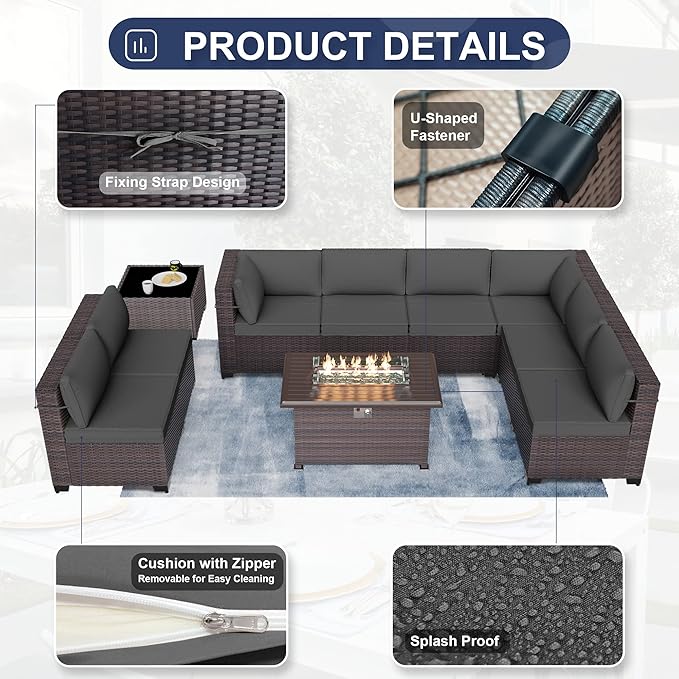 Kurapika 13 Pieces Patio Furniture Set, Rattan Wicker Outdoor Conversation Sets w/43in Propane Fire Pit Table, Swivel Rocking Chairs Patio Sectional Sofa w/4 Inch Cushion, Grey
