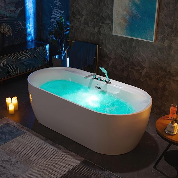 WOODBRIDGE 72" x 35-3/8" Whirlpool and Air Bath Heated Soaking Combination Tub with Adjustable Speed Air Blower, Tub Filler and Display Control Panel, White,BJ-500+F0041