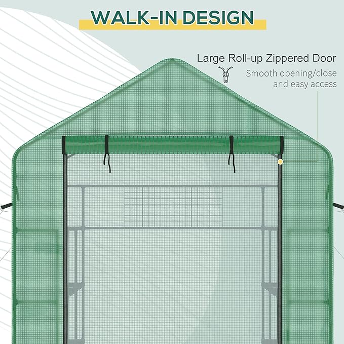 Outsunny 8' x 6' x 7' Walk-in Greenhouse, PE Cover, 4-Tier Shelves, Steel Frame Hot House, Roll-Up Zipper Door for Flowers, Vegetables, Saplings, Tropical Plants, Green