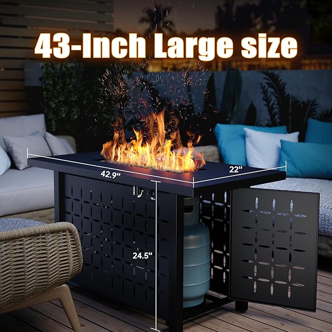 JAMFLY Propane Fire Pit Table, 43'' Gas Fire Pits Table for Outside, 2 in 1 Propane Fire Pit 50,000 BTU with Lava Rocks, Waterproof Cover and Lid