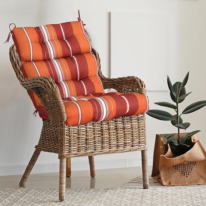 EAGLE PEAK Tufted Outdoor/Indoor High Back Patio Chair Cushion, Set of 1, 46'' x 22'', Red Stripes