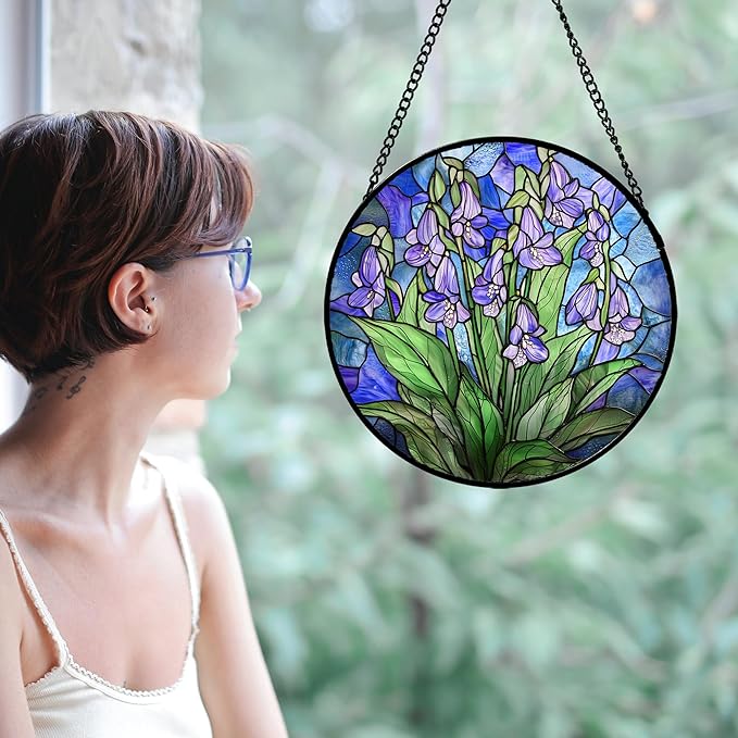 AMDERVEN Stained Glass Suncatcher, Blue Purple Flowers Green Leaves Sun Catcher Plants Stain Glass Window Hanging Decoration Mother's Day Birthday Gifts for Women Men Mom and Nana 7.8 in