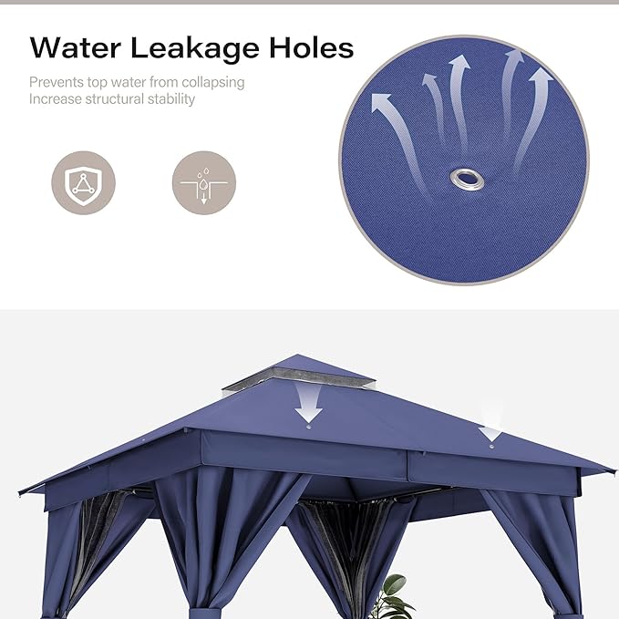 LAUSAINT HOME Outdoor Patio Gazebo 8'x8' with Expansion Bolts, Heavy Duty Party Tent & Shelter with Double Roofs, Mosquito Nettings and Privacy Screens for Backyard (Navy Blue)