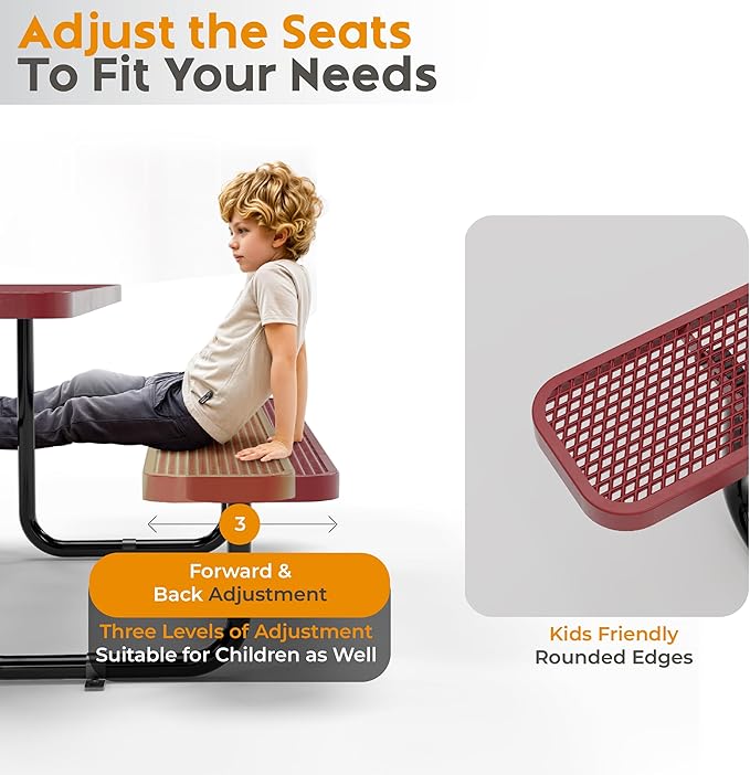 Metal Picnic Furniture for Outdoors with Umbrella Hole - Coated Steel Heavy Duty Commercial Grade Table with Adjustable Seats, Patio Set for a Lifetime (Red, 8' Rectangular)