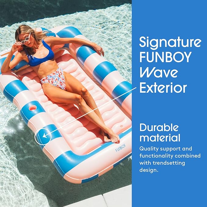 FUNBOY Tanning Pool Lounger Float, XL 72'' x 48'' Pool Float with Custom Pillow and Large Cup Holder, Perfect for Pool or Backyard.