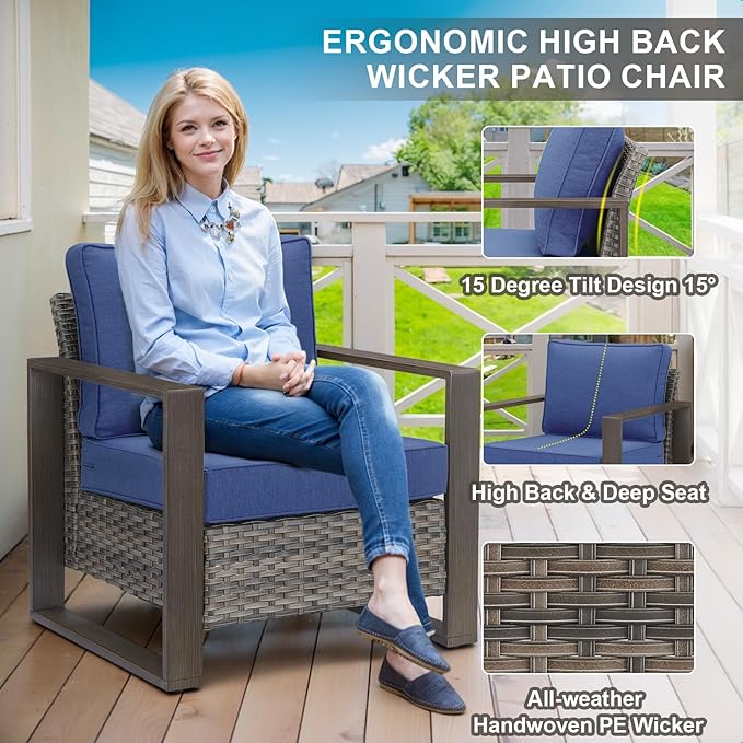 6 Piece Outdoor Patio Furniture Set with Propane Fire Pit Table, Wicker Patio Conversation Set with2 Patio Wicker Chairs Rattan Sofa and Removable 4" Thick Cushions for Deck Backyard