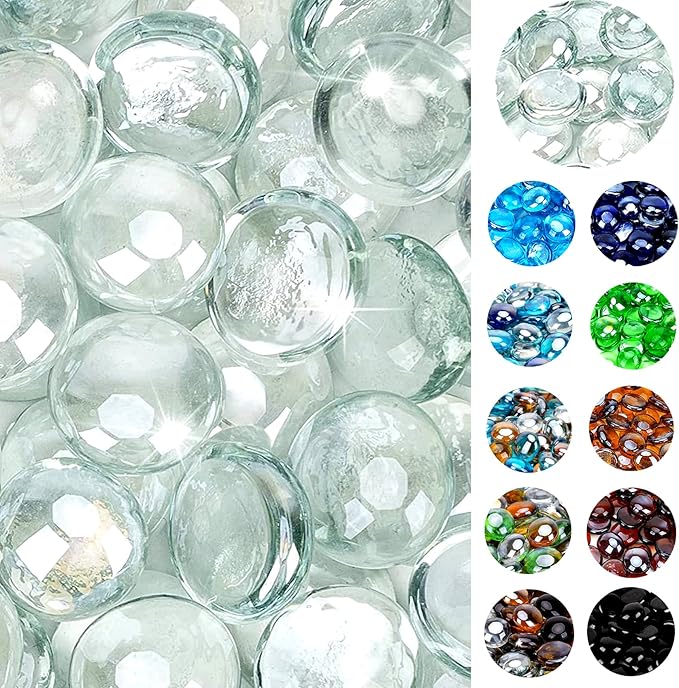 onlyfire Flat Fire Glass Beads for Propane Fire Pit, 1/2 Inch Reflective Firepit Glass Rocks 10 Pounds Flat Marbles for Gas Fireplace and Fire Pit Table, Crystal Ice