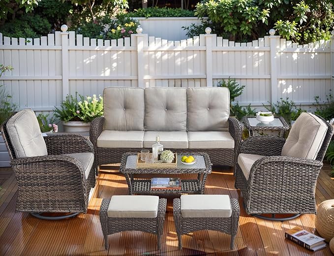 HUMMUH 7-Piece Outdoor Patio Furniture All-Weather PE Wicker Outdoor Conversation Set-Patio Couch Swivel Rocker Chairs with Ottomans Tables for Backyard,Poolside,Deck