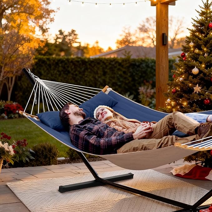 SUNCREAT Portable Outdoor Hammock with Stand, Heavy Duty Hammock with Carrying Bag, Soft Pillow, Balance Ropes, Dark Blue