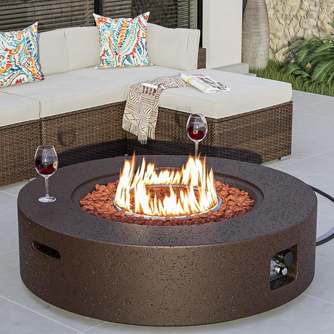 COSIEST 42 inch Outdoor Propane Fire Pit Coffee Table w Concrete Round Base Patio Heater, 50,000 BTU Stainless Steel Burner, Free Lava Rocks, Rain Cover, Brown