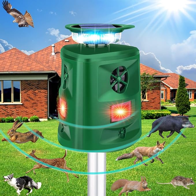 Deer Repellent Device Ultrasonic Solar Animal Repeller,360 ° Squirrel Repeller Outdoor with Motion Sensor & Flashing Light,Racoon Repellent Outdoor Repel Fox Rabbit Squirrel Raccoon Skunk-Dark Green