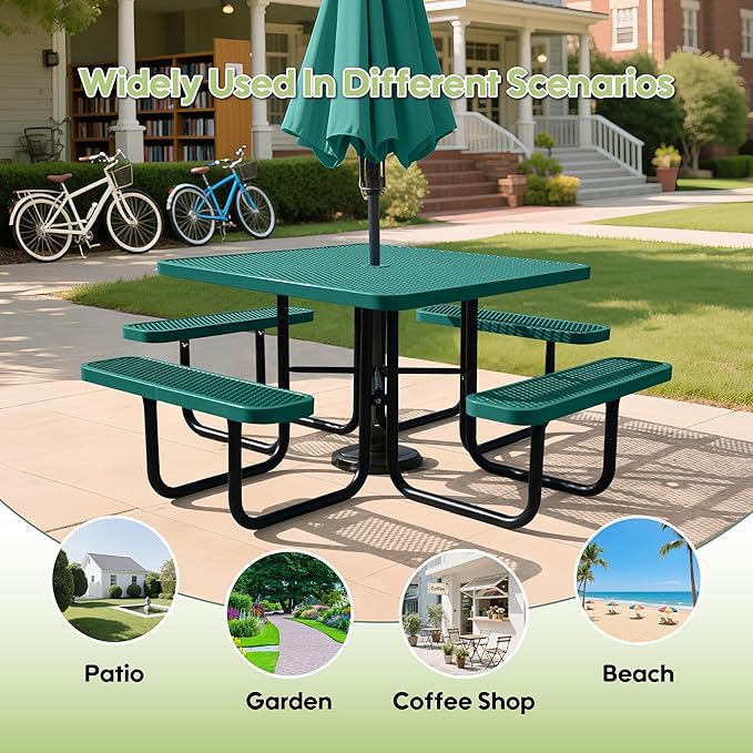 46Inch Square Picnic Table for 8 Person, Outdoor Heavy Duty Sturdy Picnic Tables with 4 Benches & Umbrella Hole, Commercial Metal Patio Picnic Table for Garden, BBQ, Coffee Store, Party, Porch (Green)