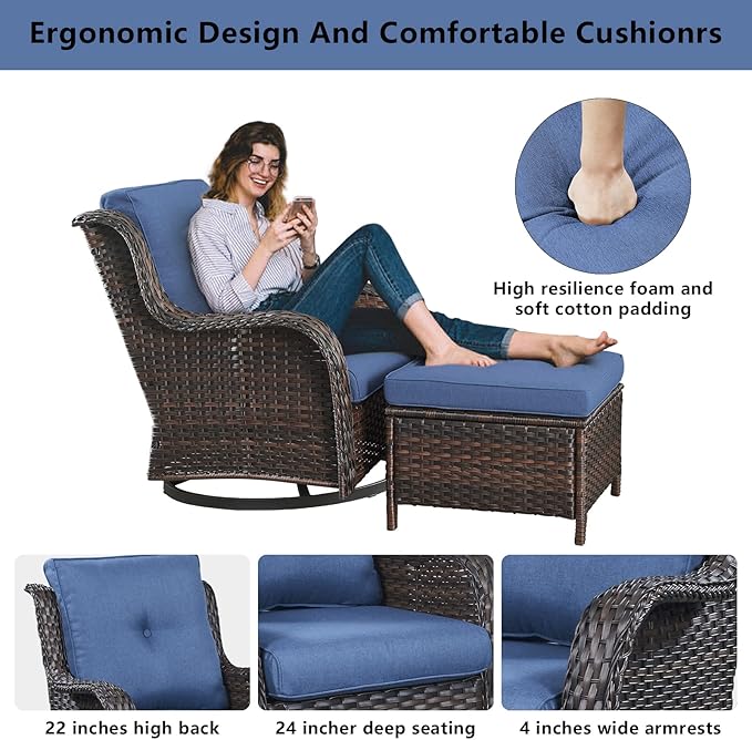 Belord Wicker Patio Furniture Sets - 13 Piece Outdoor Rattan Furniture Conversation Sets with 4 Swivel Rocker Chairs, 2 Rattan Sofas, Wicker Ottomans and Coffee Table, Brown/Blue