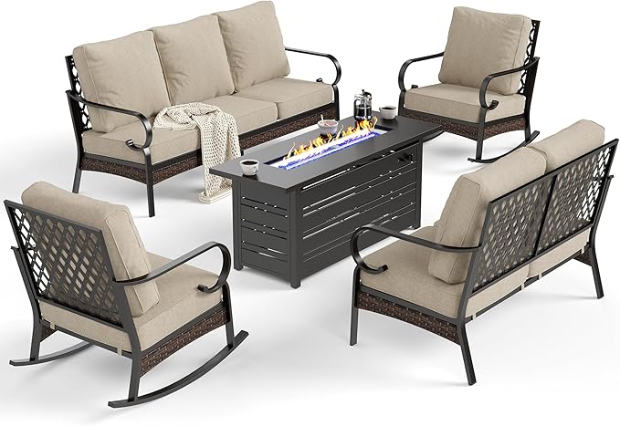 SUNSHINE VALLEY 5 Piece Metal Outdoor Patio Furniture Set with Firepit Table, Patio Conversation Sets 1 3-Seater Sofa, 2-Seater Loveseat, 2 Rocking Chairs with 5.75" Cushion for Backyard Deck, Beige