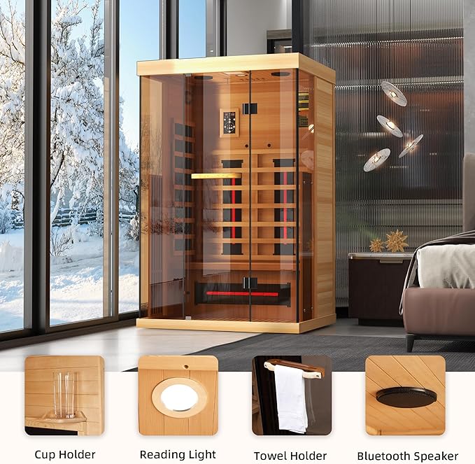 Infrared Saunas for Home, Upgraded 1-2 Person Sauna with 10 Minutes Fast Heating,Canadian Hemlock & Tempered Glass