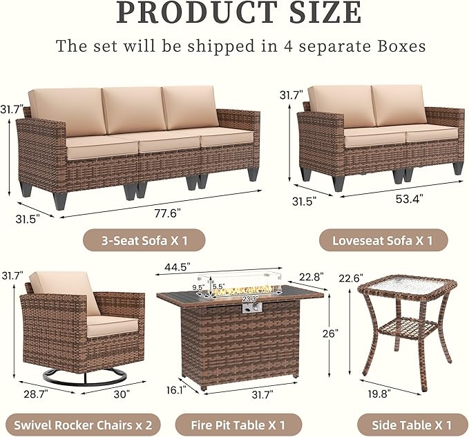 UDPATIO Patio Furniture Set with Fire Pit Table, Rocking Swivel Chairs, 6 Pieces Outdoor Conversation Sets, All-Weather Wicker Outdoor Sectional Sofa with Waterproof Cover, 4'' Thickened Cushion