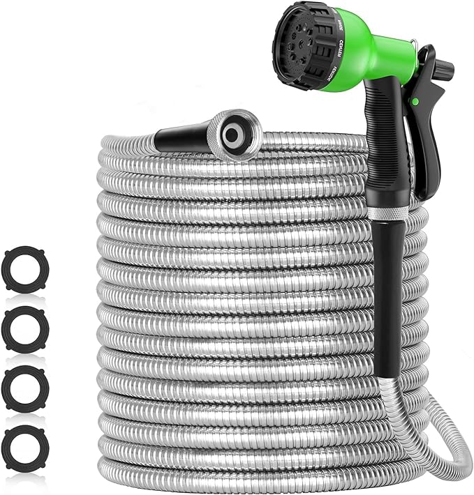 SPECILITE 75ft 304 Stainless Steel Garden Hose Metal, Heavy Duty Water Pipe with Nozzles for Yard, Outdoor - Flexible, Never Kink & Tangle, Puncture Resistant (Sliver)