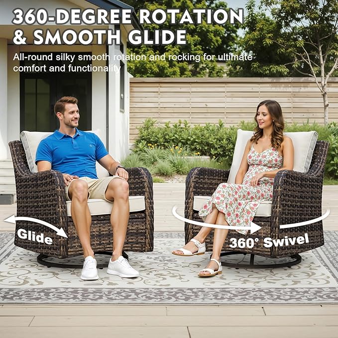 MEISSALIVVE 8 Pieces Patio Furniture Set with 43" Fire Pit Table, Wicker Patio Conversation Set with Swivel Rocking Chairs, Outdoor Patio Set for Lawn Backyard Porch (Brown)
