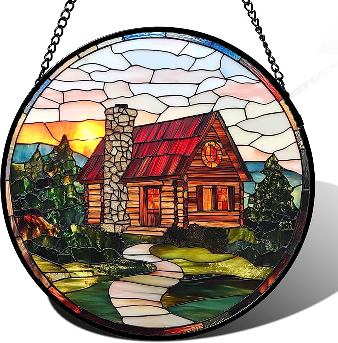 QZQCBLC Stained Glass Window Hanging Red Wooden House Pastoral Scenery 9.8" - Suncatcher Door Garden Sun Catcher Home Decor Birthday Christmas for Mom Men Woman Nana Friend