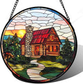 QZQCBLC Stained Glass Window Hanging Red Wooden House Pastoral Scenery 9.8" - Suncatcher Door Garden Sun Catcher Home Decor Birthday Christmas for Mom Men Woman Nana Friend