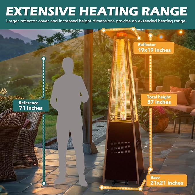 48,000 BTU Flame Pyramid Pool Heater With Cover, Triple Safety Protection Portable Patio Heater with Patio Cover, Warm Glass Tube with Durable Wheels-Brown