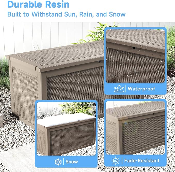 320 Gallon Deck Box XXL Large Outdoor Storage for Patio Furniture,Outdoor Cushions,Garden Tools and Pool Supplies,Waterproof,Resin,Lockable(Grey Rattan)
