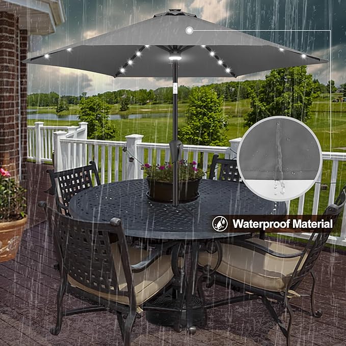 FLAME&SHADE 7.5 ft Solar Powered Outdoor Market Patio Table Umbrella with LED Lights and Tilt, Anthracite