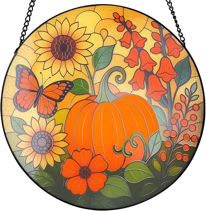 Pumpkin Suncatcher for Window Hanging - Stained Glass Window Hanging, Pumpkin Decor for Garden,Wall, Balcony, Fall Gift for Halloween(12 Inch)