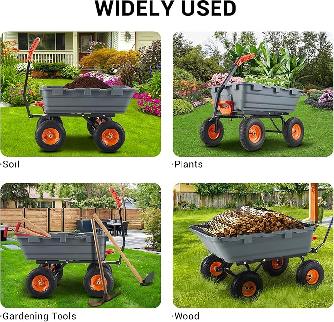 Garden Dump Cart, 800 LB Capacity, Heavy Duty Yard Wagon with All Terrain Tires & 180° Adjustable Handle, Durable Outdoor Gardening Cart for Lawn Yard, Grey