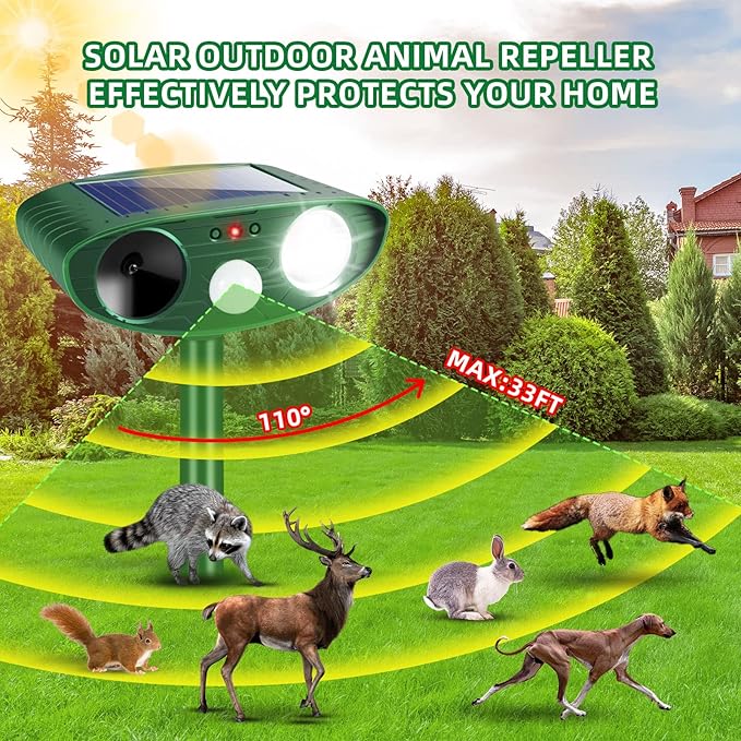2025 Solar Animal Repellent Ultrasonic Animal Repeller Outdoor Deer Repellent Waterproof with Motion Detection Cat Deterrent Rabbit Raccoon Dog Squirrel Coyote Skunk Repellent for Yard Garden