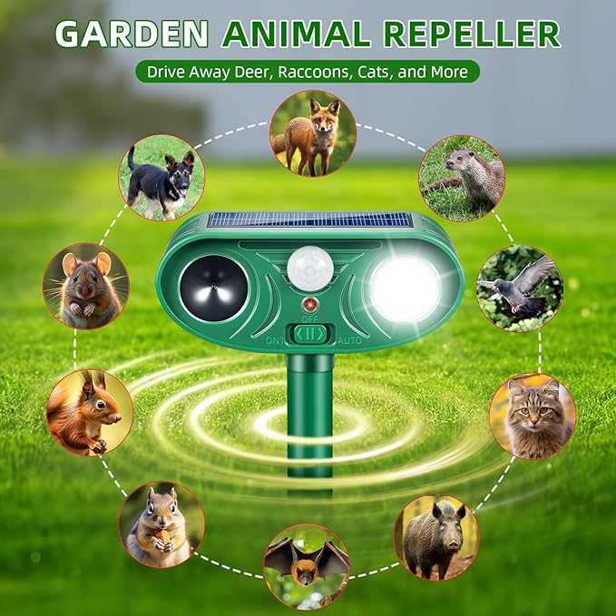 Solar Ultrasonic Animal Repellent Outdoor 2 Pack Cat Rabbit Squirrel Dog Deer Repellent Devices Coyote Skunk Raccoon Fox Deterrents Light Animal Repeller with Motion Sensor for Yard Garden