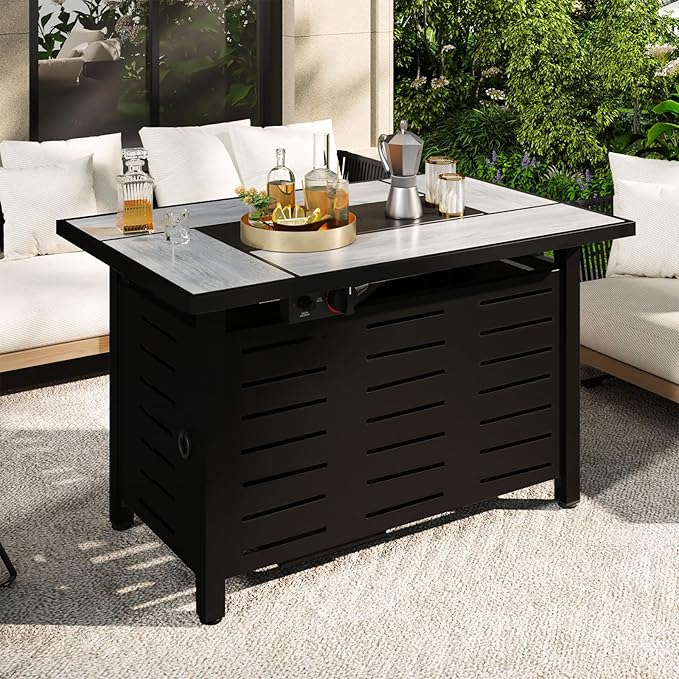 42" Outdoor Propane Fire Pit Table Ceramic Top & Lava Rocks,60000 BTU Rectangle Patio Heater Waterproof Lid Gas Fire Pits for Outside Patio Black