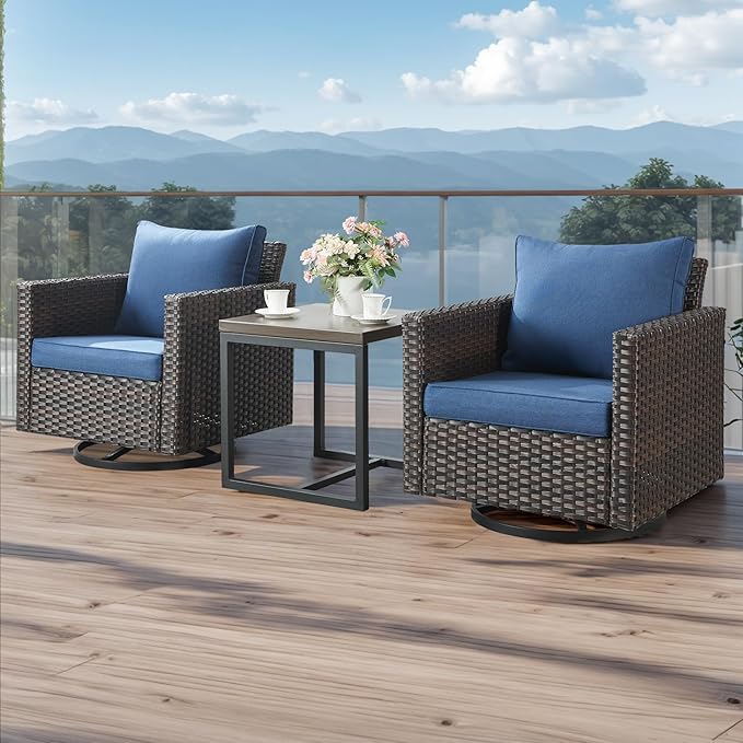 HUMMUH Patio Swivel Chairs Set of 2,PE Wicker Outdoor Rocker Chairs Bistro Set Porch Balcony Furniture with Cushions